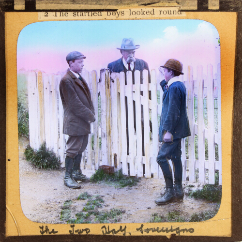 The startled boys looked round and saw a gentleman the other side of the gate