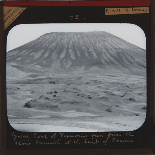 Great Cone of Vesuvius, seen from the Atrio, beneath N.W. limb of Somma escarpment, showing the new truncation and the baranco scoring of the sides as the result of the dry slip of the fragmentary eje