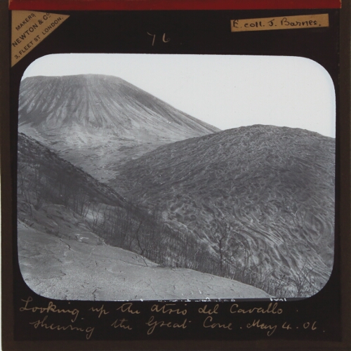 Looking up the Atrio del Cavallo, showing the Great Cone, the Colle Umberto, and the slopes of Somma buried in lapilli and dust (ash) (4th May, 1906)