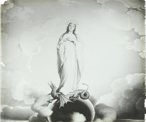 Virgin Mary standing on dragon