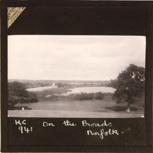 Norfolk Broads. View, with Wherry in distance