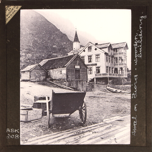 Hotel on Fiord -- wooden building.  MF159