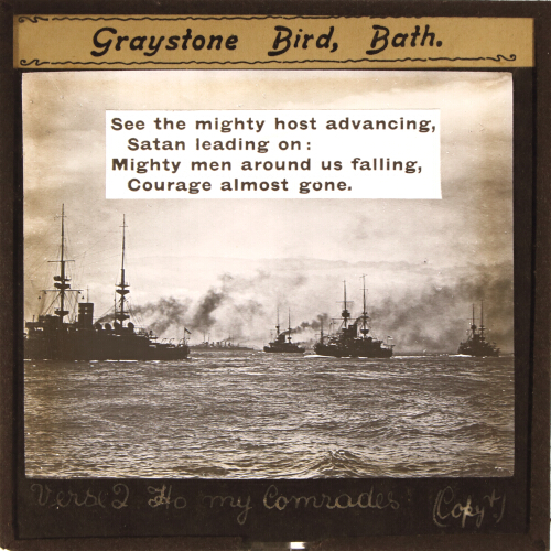 See the mighty host advancing, / Satan leading on