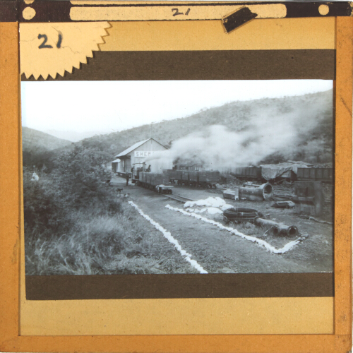 Railway locomotive and wagons at unidentified goods station