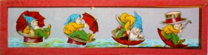 [Gnome with umbrella sailing in top hat]