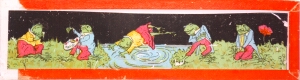 [Male frog courting female frog in human costumes]
