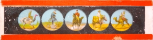 [Five men riding animals and bicycle]