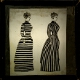 [Two female figures illustrating optical effect of horizontal or vertical stripes]