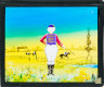 [Female figure in jockey costume with horse race in background]