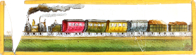 [Early steam locomotive hauling railway train]